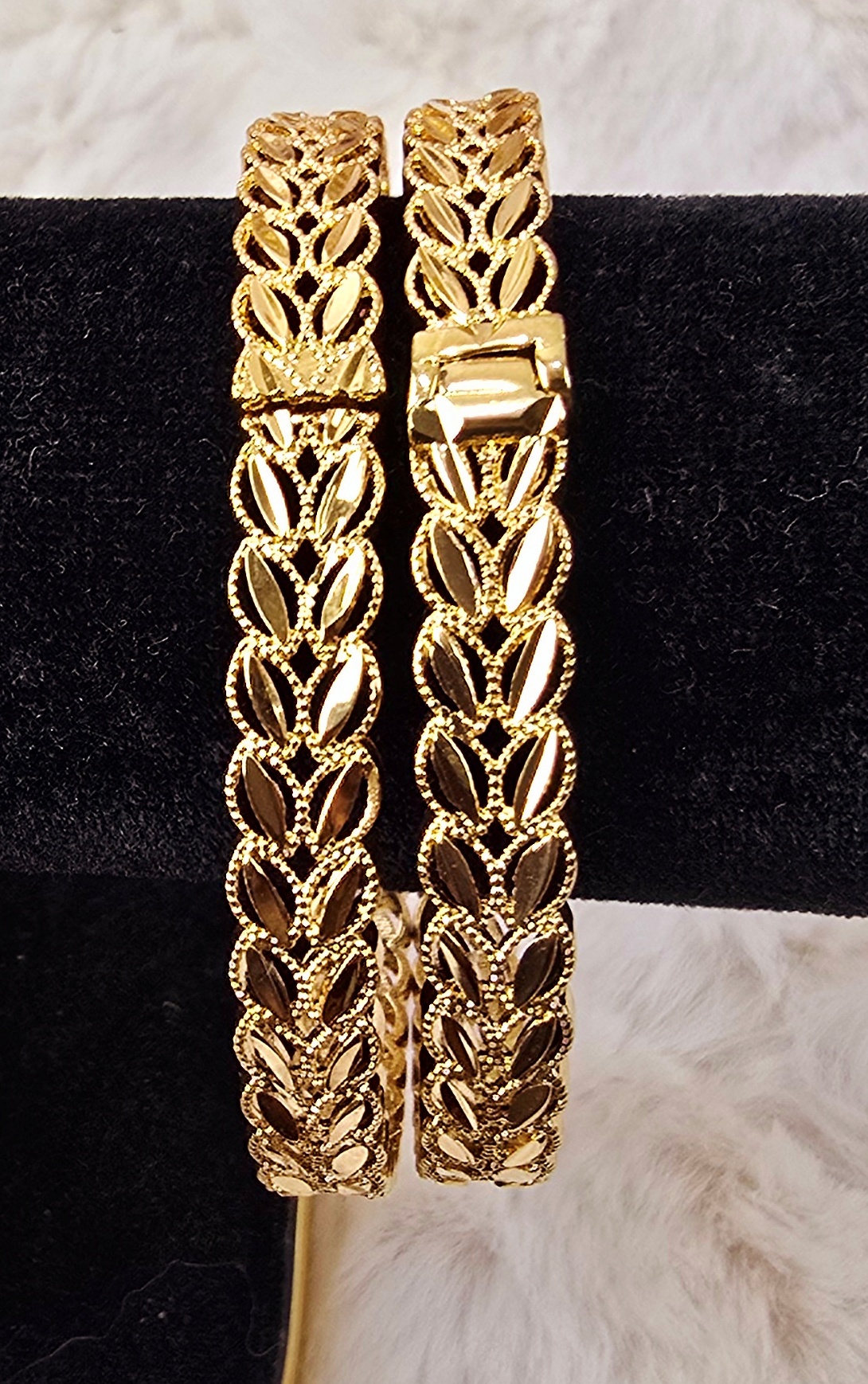 Ornate Leaf-Motif Gold-Toned Filigree Bangle Pair (B-028)