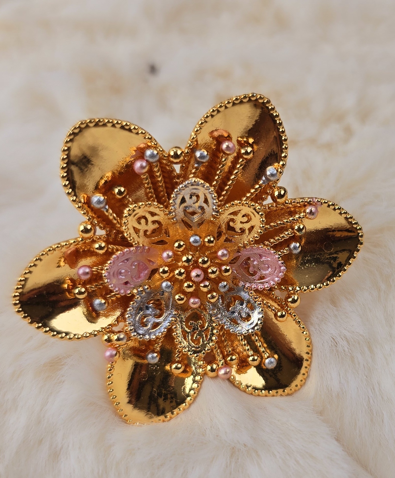 Exquisite Multi-Tone Floral Filigree Ring, Adjustable (R-003)